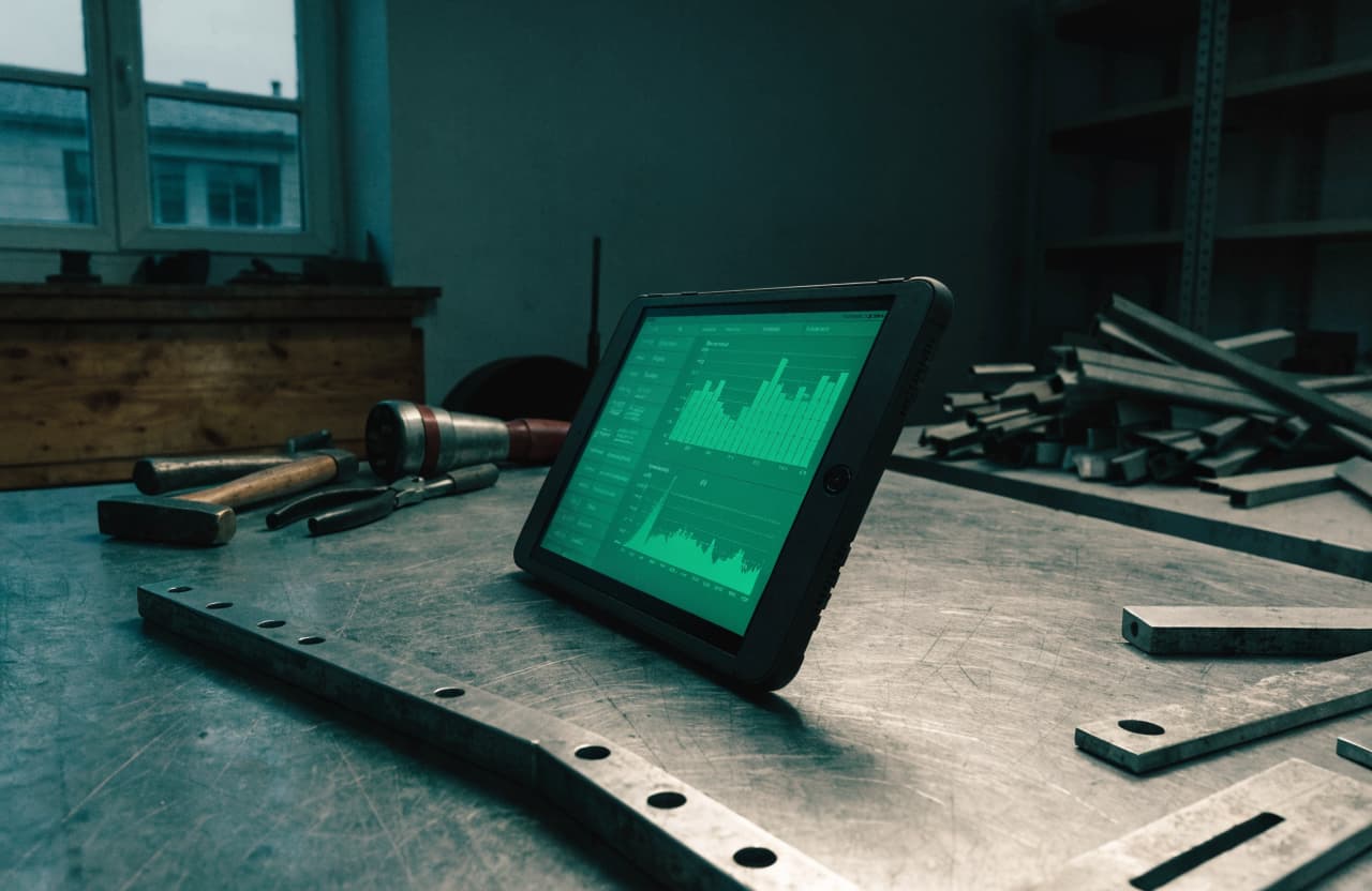 Werkbank mit einem Tablet, auf dem eine Auswertung läuft